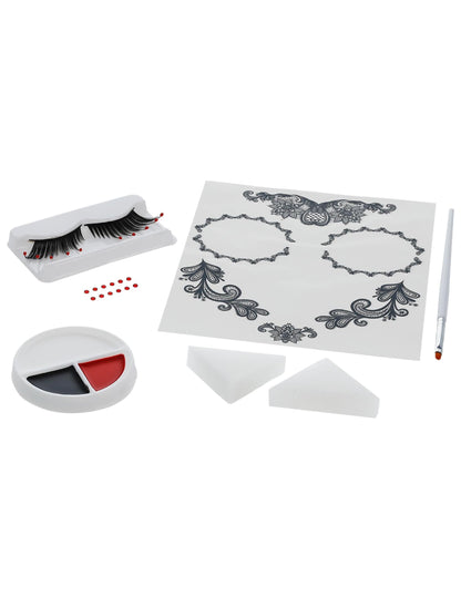 Vue d'ensemble des accessoires du kit maquillage glamour avec faux cils et bijoux Dia de los muertos