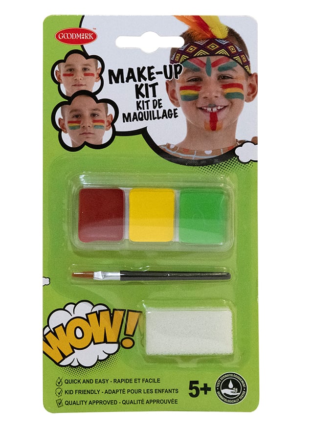 Kit maquillage indien pour enfant rouge jaune vert avec pinceau et éponge