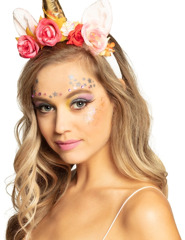 Kit maquillage licorne pour adulte avec serre-tête fleurs et corne dorée