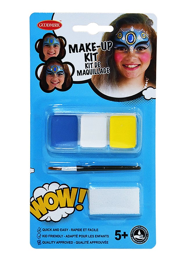 Kit maquillage princesse orientale pour fille bleu blanc et jaune avec pinceau et éponge
