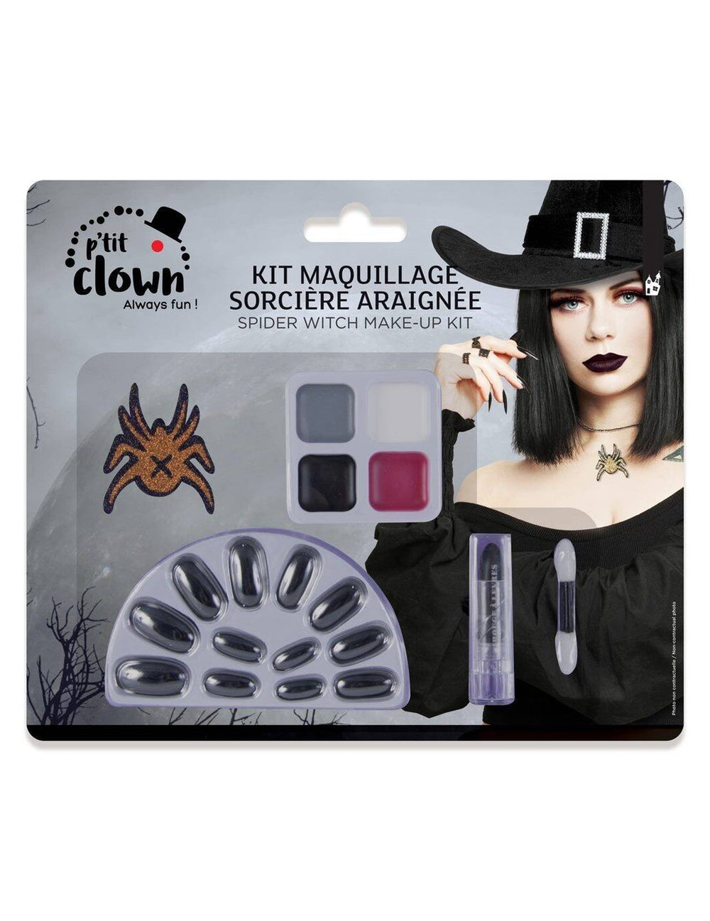 Kit maquillage sorcière araignée pour adulte noir et bordeaux avec faux ongles