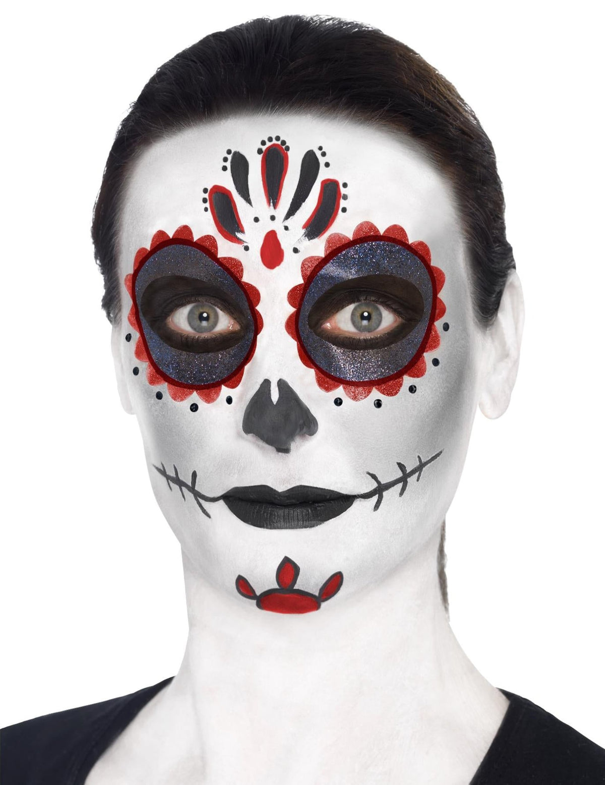 Vue de face du maquillage du kit maquillage squelette coloré