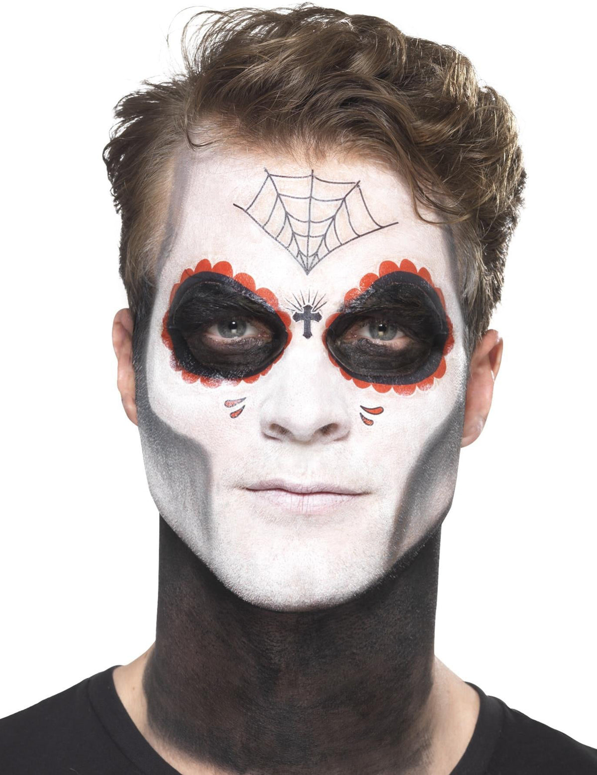 Gros plan sur le résultat final du maquillage du kit maquillage squelette mexicain Dia de los muertos