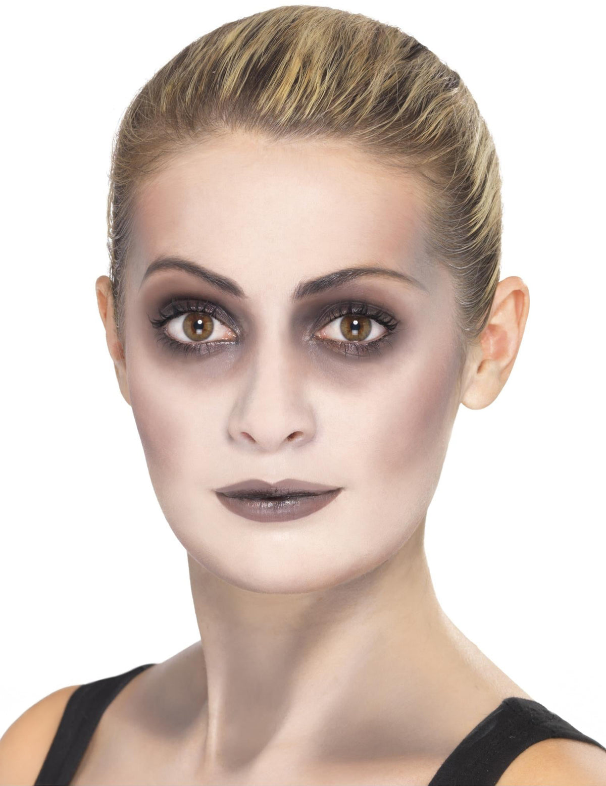 Détail du maquillage des yeux et des lèvres du kit maquillage zombie pour femme