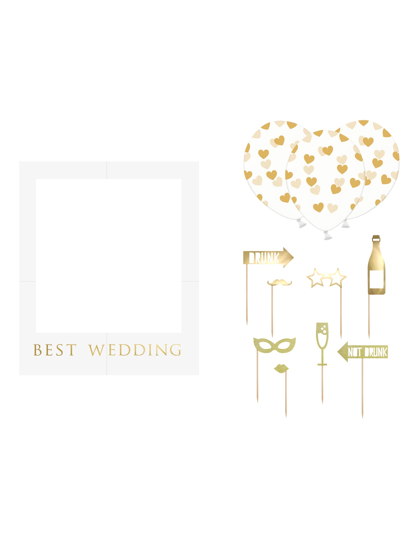 Komplet za poročno foto kabino v beli in zlati barvi, 12 kosov z okvirjem