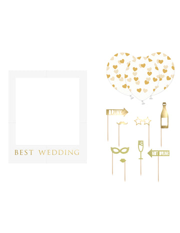 Komplet za poročno foto kabino v beli in zlati barvi, 12 kosov z okvirjem