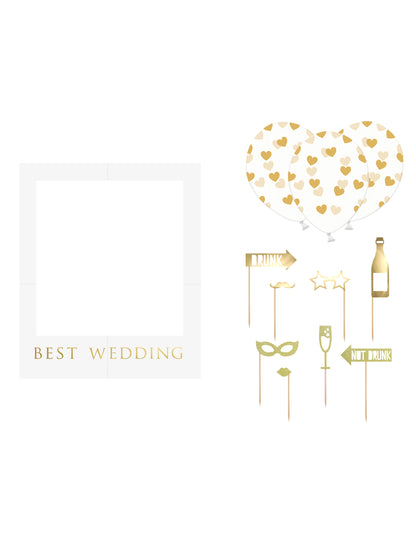 Komplet za poročno foto kabino v beli in zlati barvi, 12 kosov z okvirjem