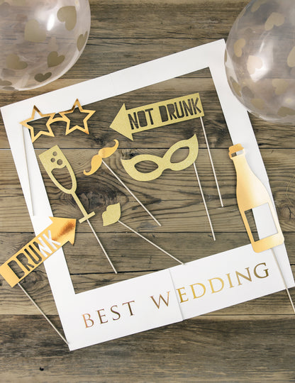 Komplet za poročno foto kabino v beli in zlati barvi, 12 kosov z okvirjem