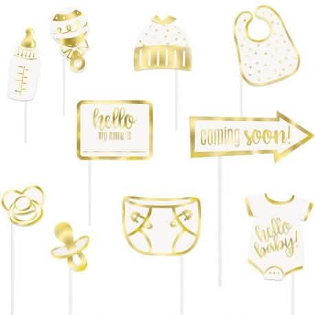 Kit photobooth hello baby za baby shower bela in zlata z 10 dodatki