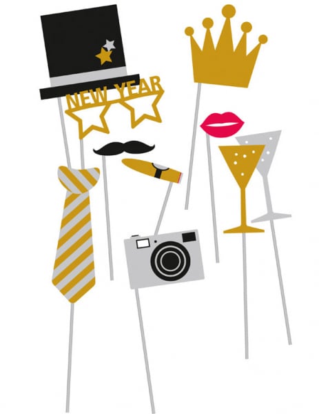 Kit photobooth nouvelle année pour réveillon noir et or avec 10 accessoires