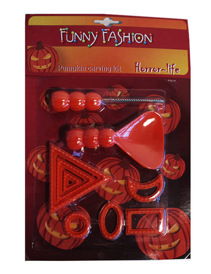 Vue des accessoires sous emballage du kit sculpture pour citrouille pour Halloween