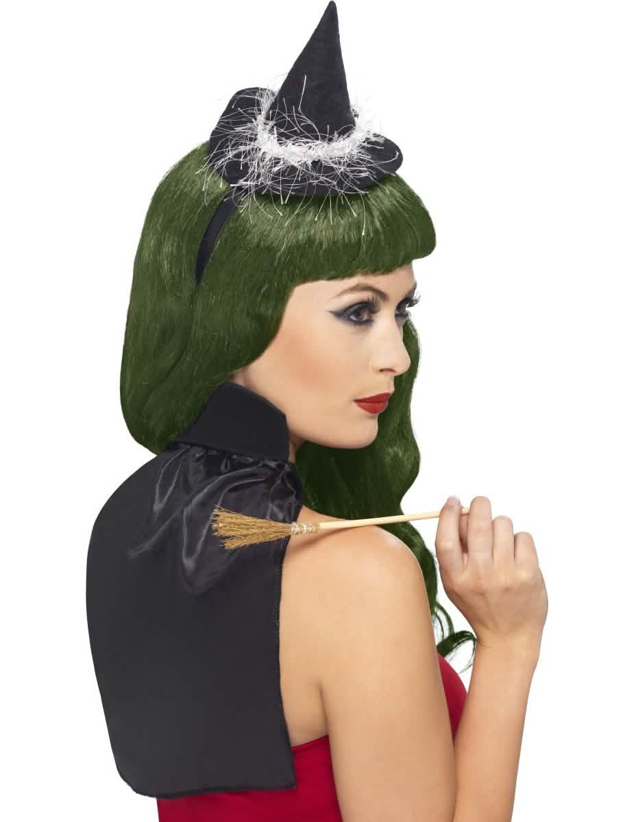 Mini halloween čarovniški komplet za odrasli črna z mini klobukom in metlo