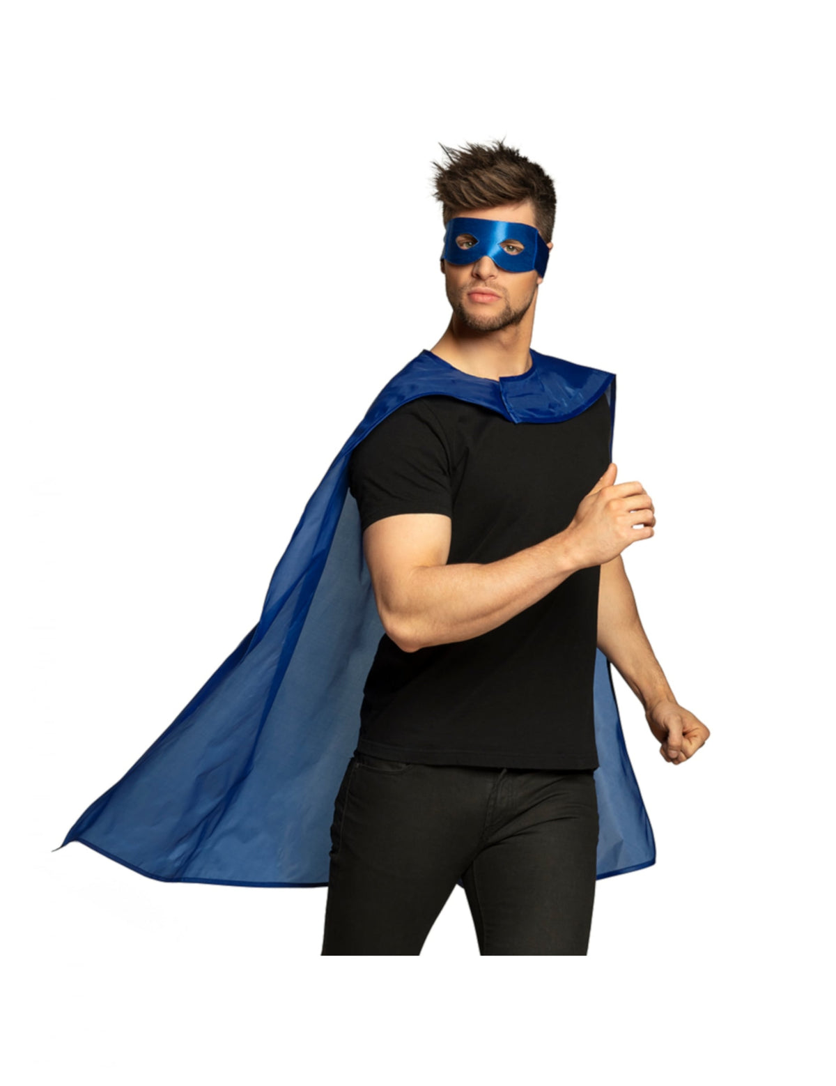 Vue de profil du kit cape et masque de super héros pour adulte bleu