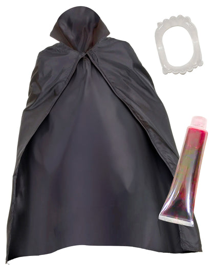 Kit de vampire pour adulte noir avec cape, dentier et faux sang