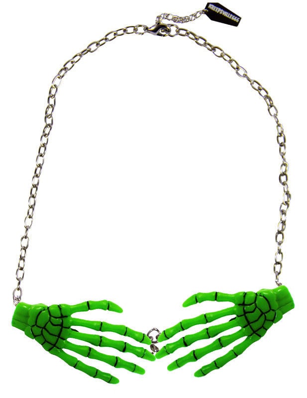 Collier chaîne pendentif mains de squelette pour adulte vert fluo