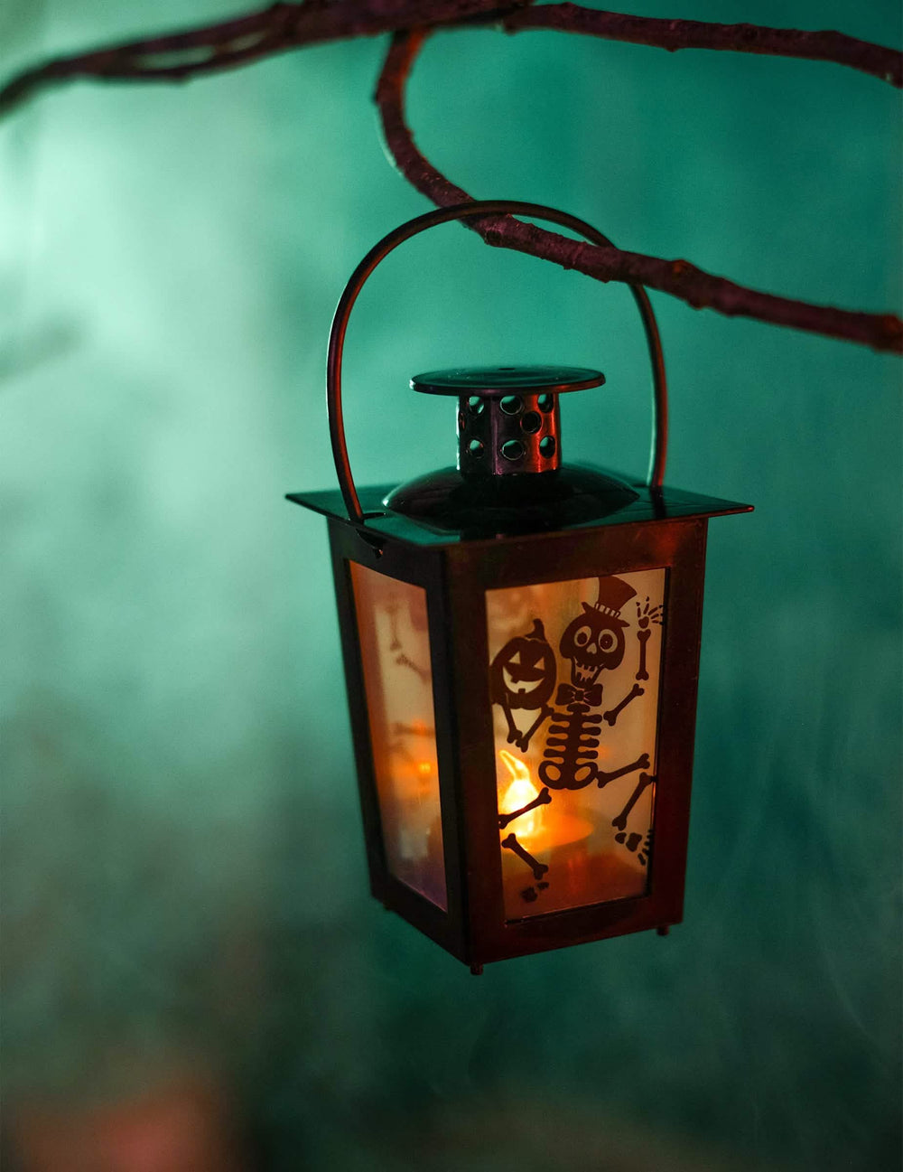 Velik plan viseče svetilke na veji svetleče halloween svetilke s skeletom in bučo