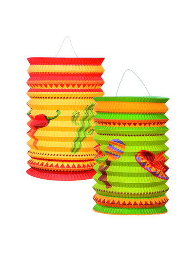Lanternes mexicaines jaune et vert avec motifs piments et sombreros