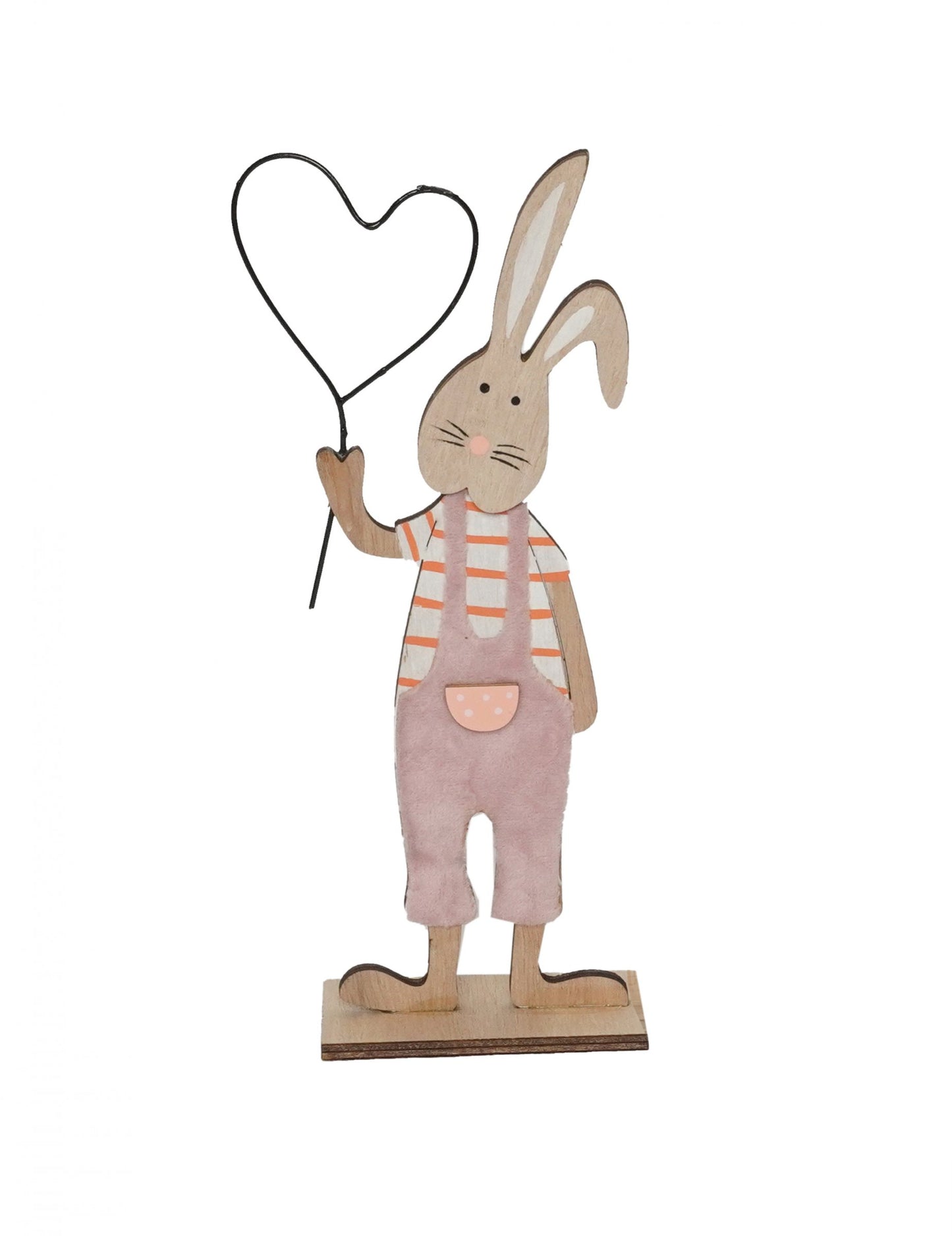 Lesena dekoracija zajca s svetlo roza srcem 22 cm na podstavku