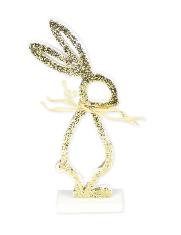 Lapin sur socle en bois blanc et paillettes dorées 18 cm pour Pâques