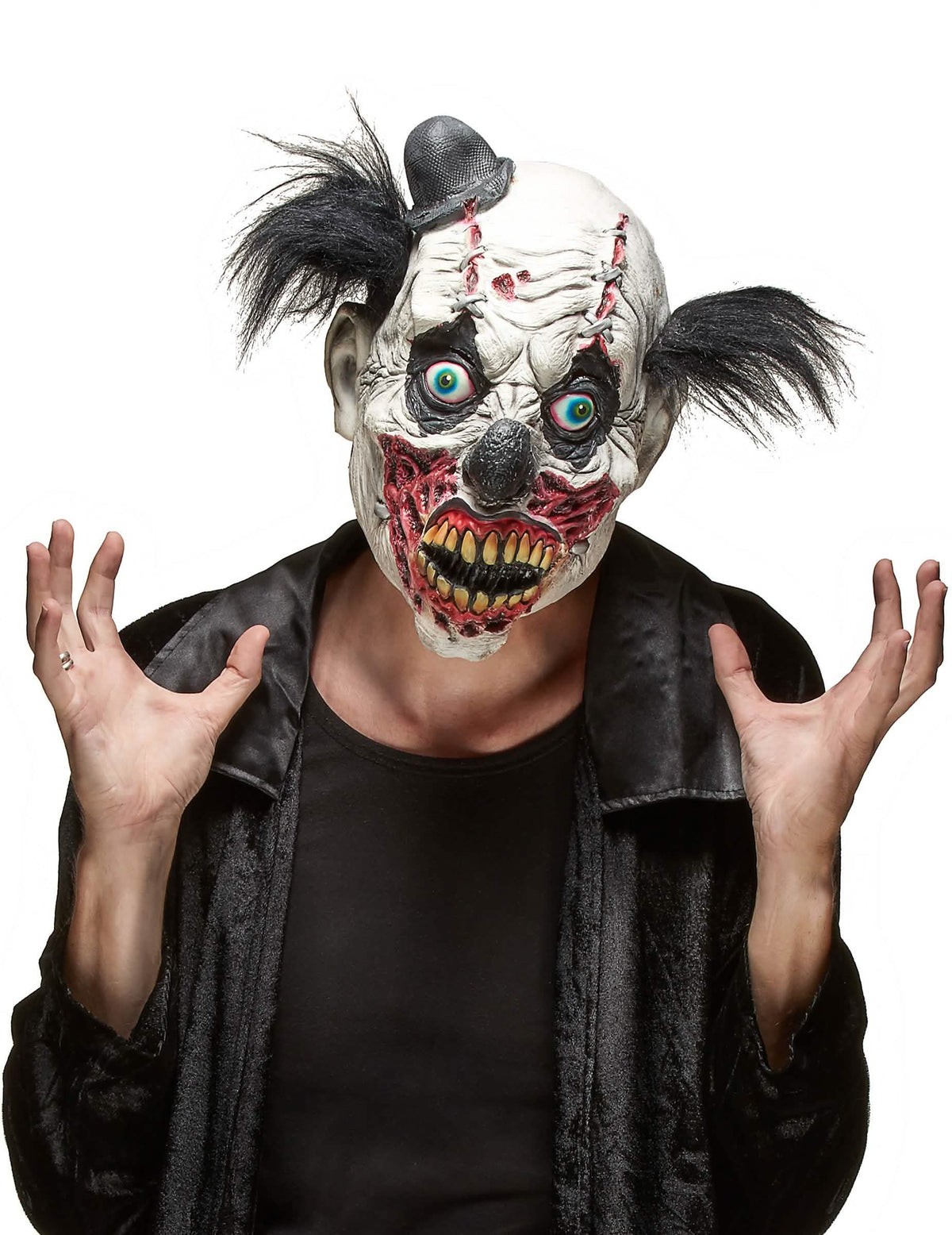 lateksasta maska za krvavega klovna za halloween za odrasli bela in rdeča s črnimi lasmi