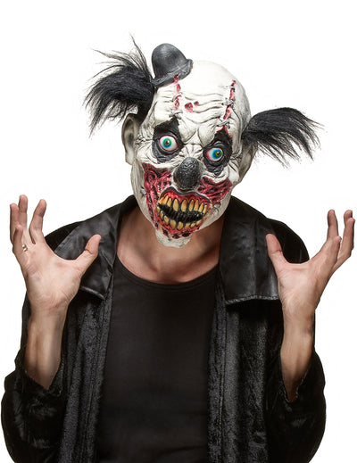 Masque latex clown sanglant Halloween pour adulte blanc et rouge avec cheveux noirs