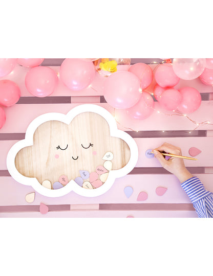 Lesena knjiga gostov v obliki oblaka, 43 x 30 cm s 30 kapljicami