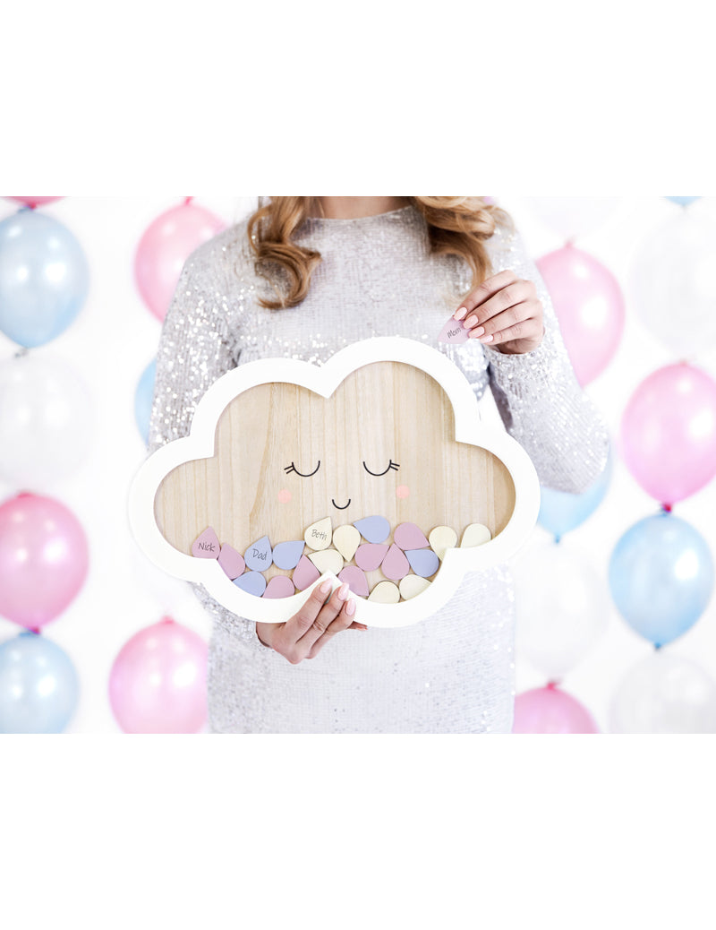 Lesena knjiga gostov v obliki oblaka, 43 x 30 cm s 30 kapljicami