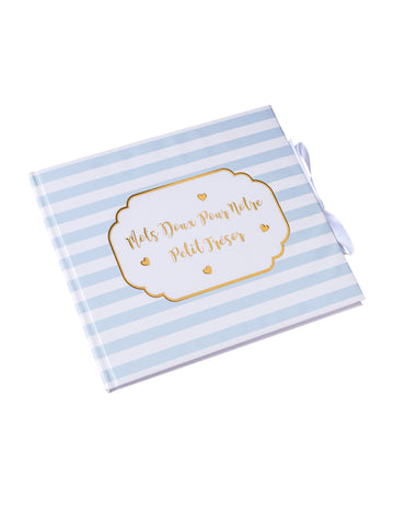 Livre d'or petit trésor pour baby shower rayé bleu et doré