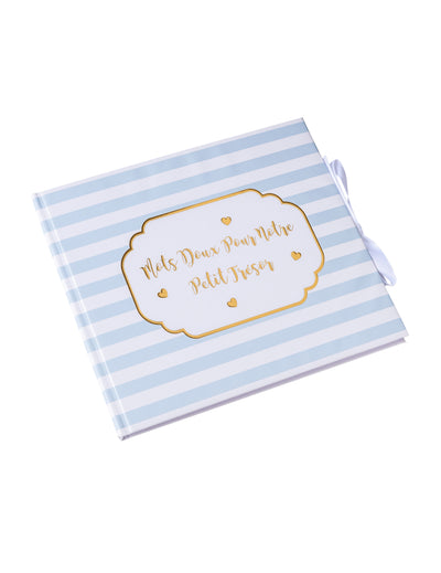 Livre d'or petit trésor pour baby shower rayé bleu et doré