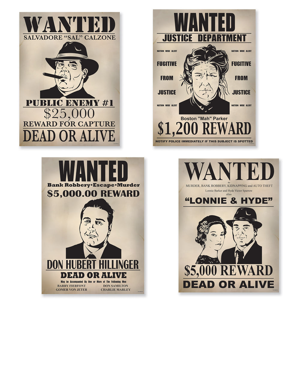 Affiches en carton Wanted pour décoration de fête thème gangster Prohibition beige et noir