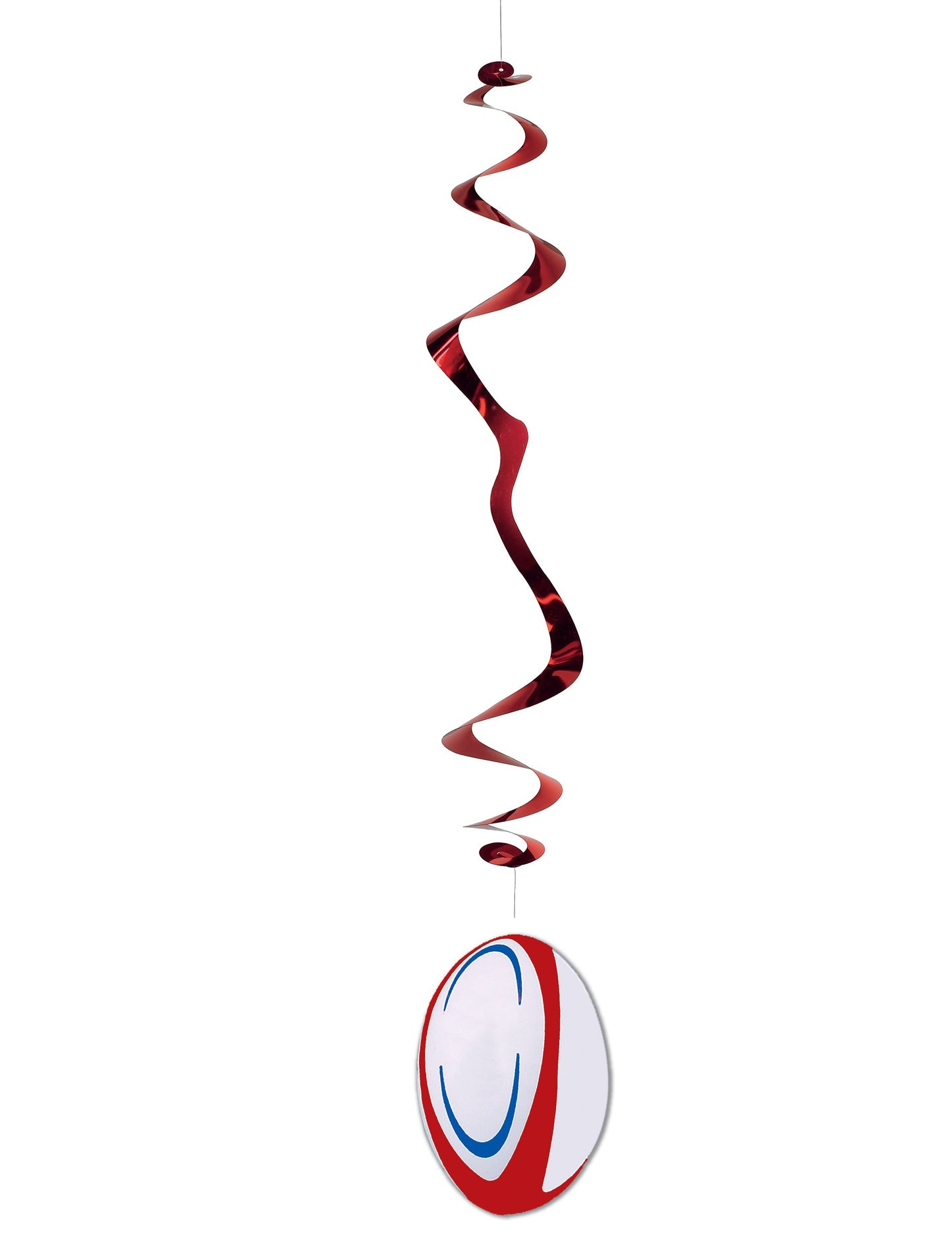 Suspension en papier ignifugé ballon de rugby rouge et blanc avec spirale métallisée