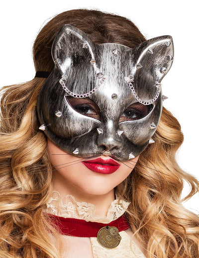 Loup chat Steampunk pour adulte argenté à clous et chaînes