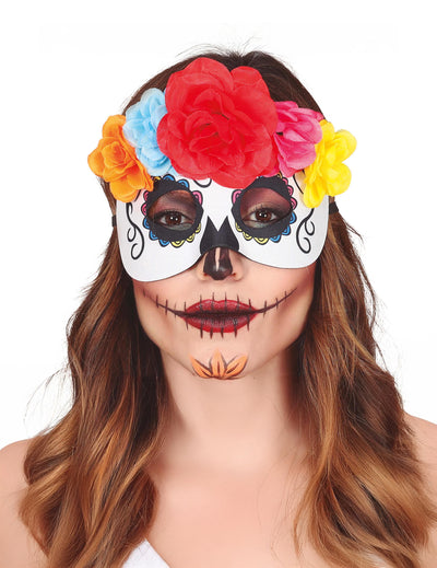 Loup fleurs colorées Dia de los muertos pour adulte blanc avec fleurs rouges jaunes et bleues