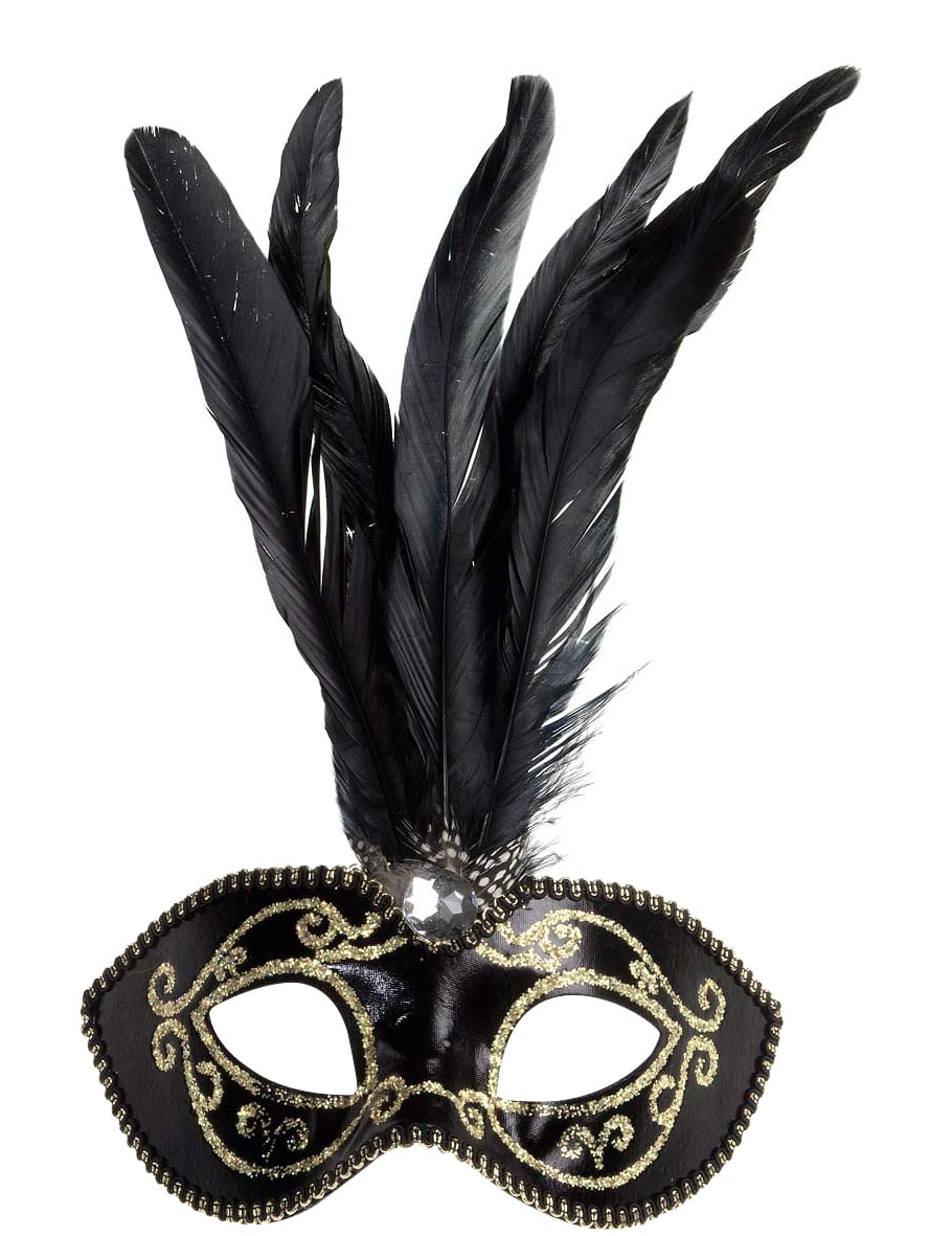 Loup à plumes noir et or pour adulte noir et doré avec paillettes