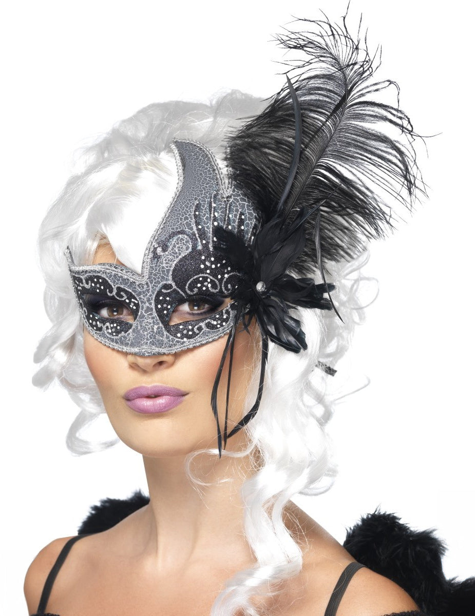 Loup vénitien ange noir avec grande plume pour adulte noir et argent