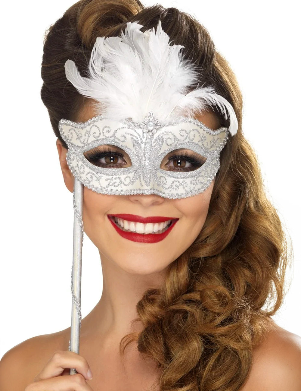 Loup vénitien pour adulte argent avec plumes blanches
