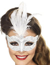 Loup vénitien pour adulte argenté avec plumes blanches