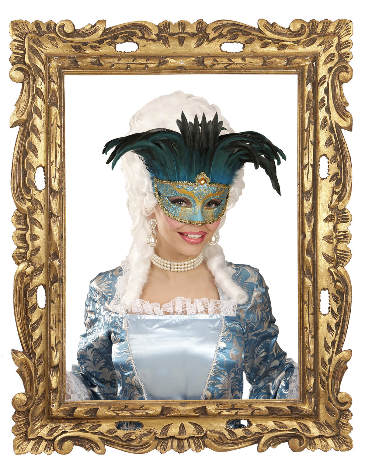 Mise en scène dans un cadre doré du loup vénitien bleu et or à plumes adulte