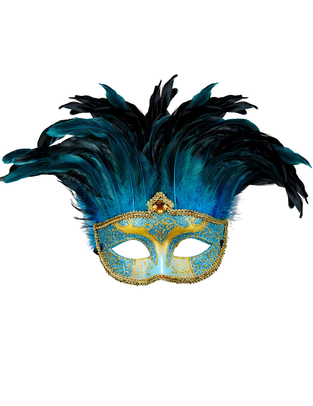 Vue de face du loup vénitien bleu et or à plumes adulte