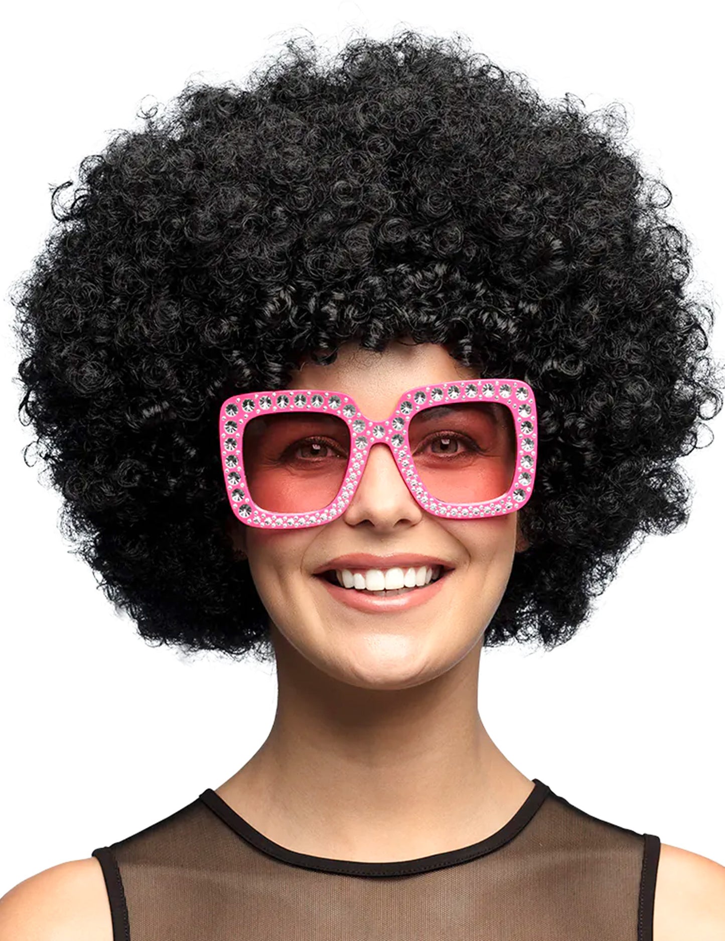 Mise en situation des lunettes bling bling pour femme rose avec une perruque afro noire