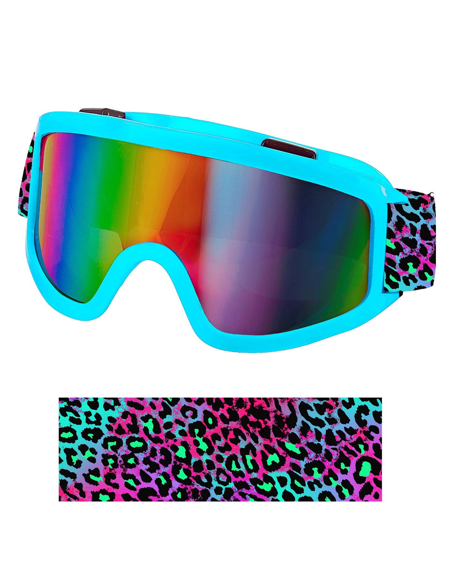Lunettes de ski avec bandeau léopard coloré pour adulte bleues et verres arc-en-ciel
