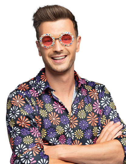 Lunettes rondes à strass colorés pour adulte dorées avec verres roses