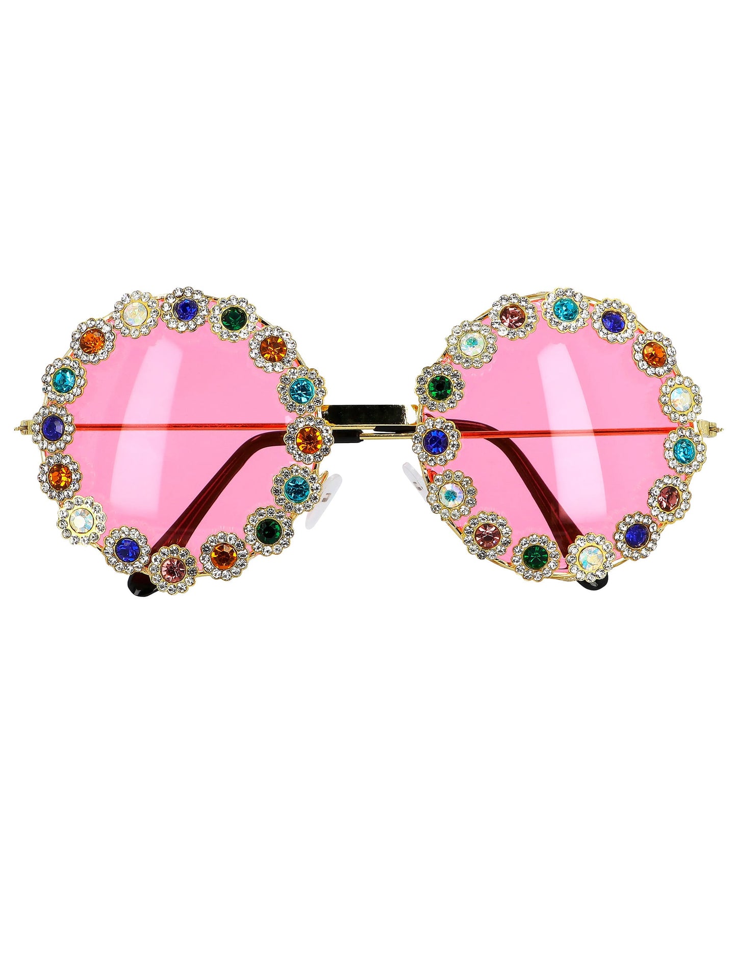Gros plan sur les strass multicolores des lunettes rondes à strass colorés pour adulte