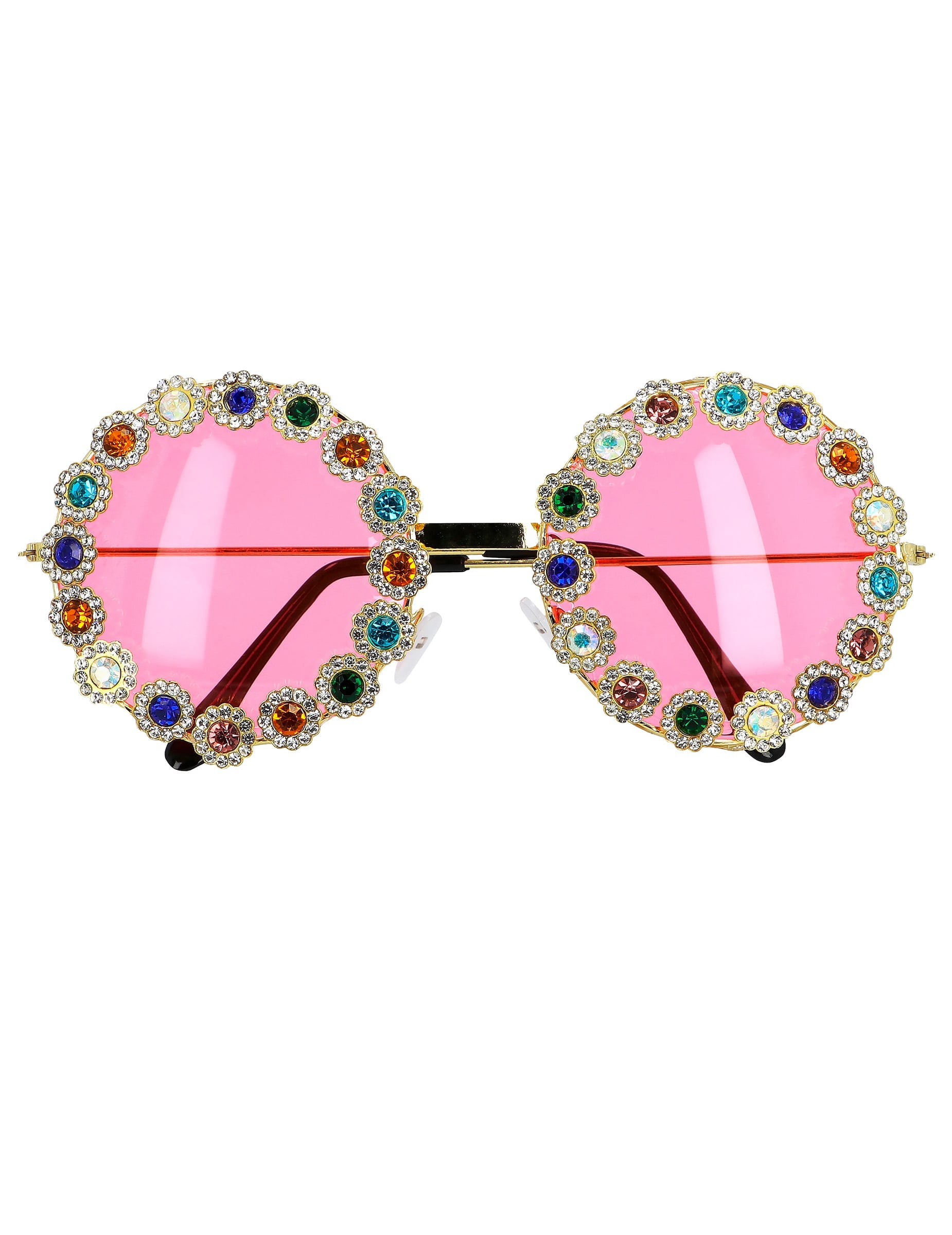 Gros plan sur les strass multicolores des lunettes rondes à strass colorés pour adulte