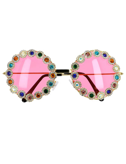 Gros plan sur les strass multicolores des lunettes rondes à strass colorés pour adulte