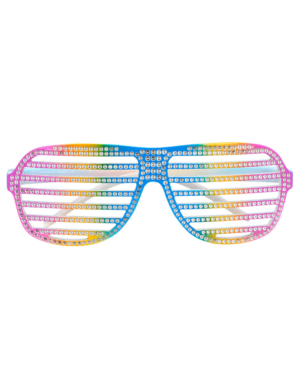Gros plan sur les strass des lunettes striées arc-en-ciel pour adulte