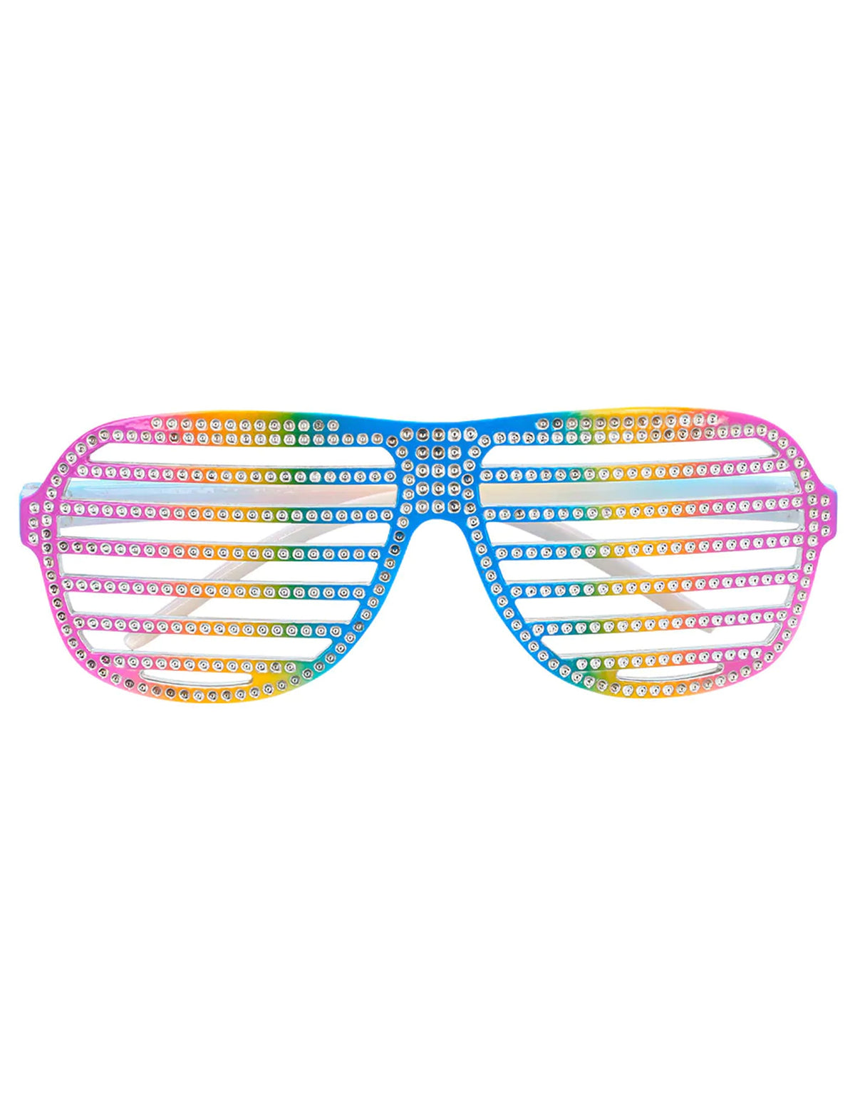 Gros plan sur les strass des lunettes striées arc-en-ciel pour adulte