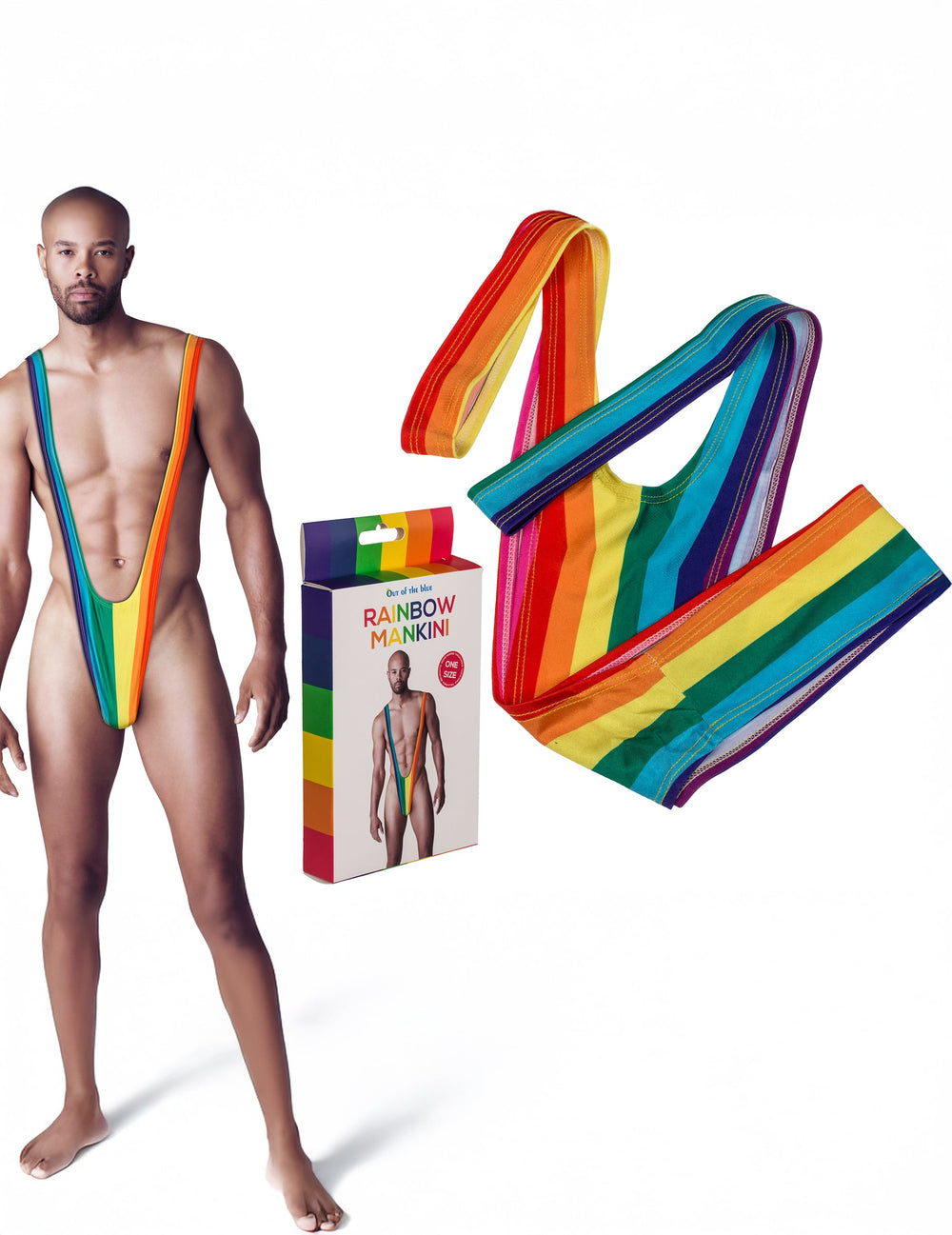 Packaging et vue d'ensemble du mankini arc en ciel pour adulte