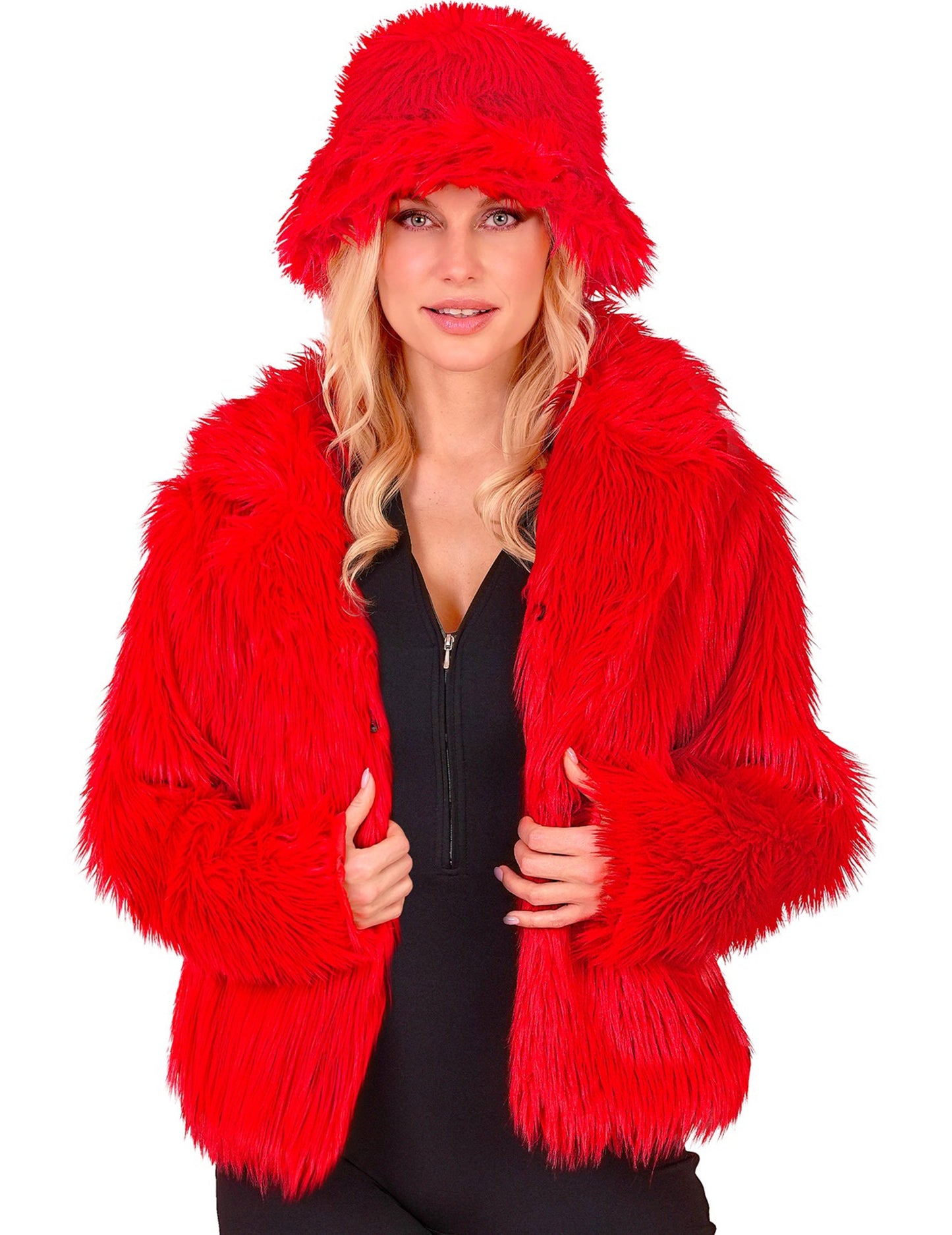 Rdeč plašč iz umetnega krzna za odrasle