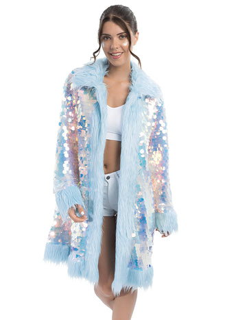 Dvostranski moder bleščeč plašč z umetnim krznom za odrasle